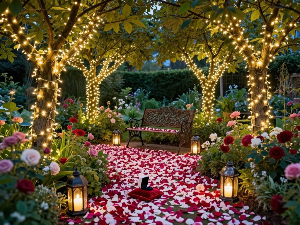 garden proposal setup with fairy lights in trees garden proposal setup with fairy lights in trees