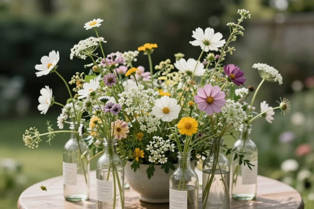 garden style wedding centerpieces with wildflowers in vintage vessels garden style wedding centerpieces with wildflowers in vintage vessels