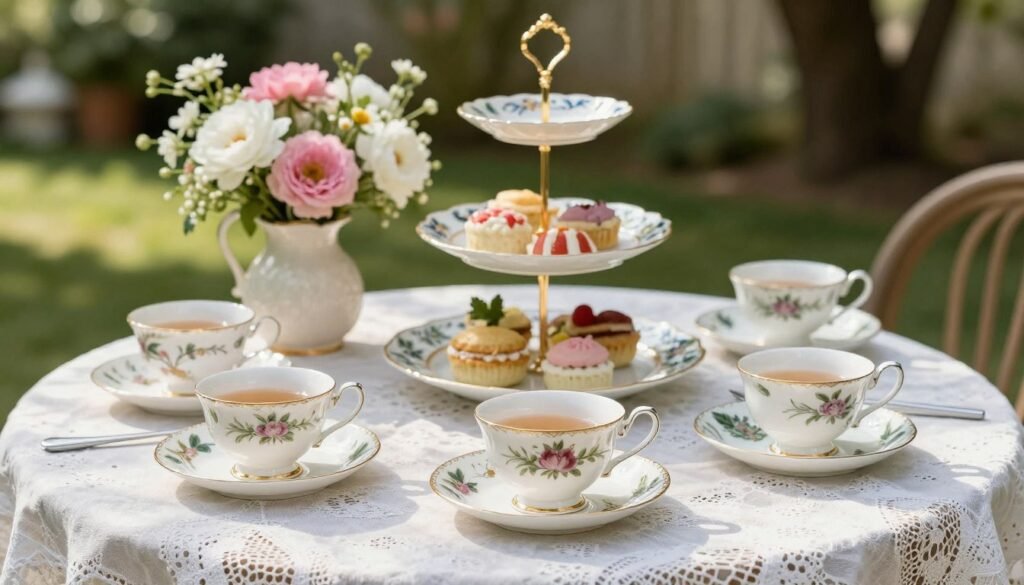 garden tea party bridal shower with vintage china and floral arrangements garden tea party bridal shower with vintage china and floral arrangements