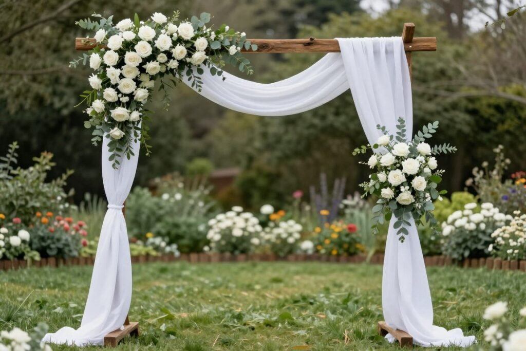 garden wedding ceremony arch with flowing fabric drapes