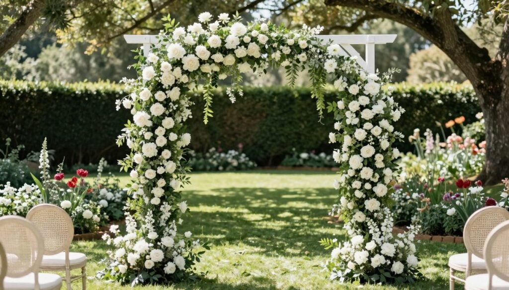 garden wedding ceremony with floral arch and natural landscaping
