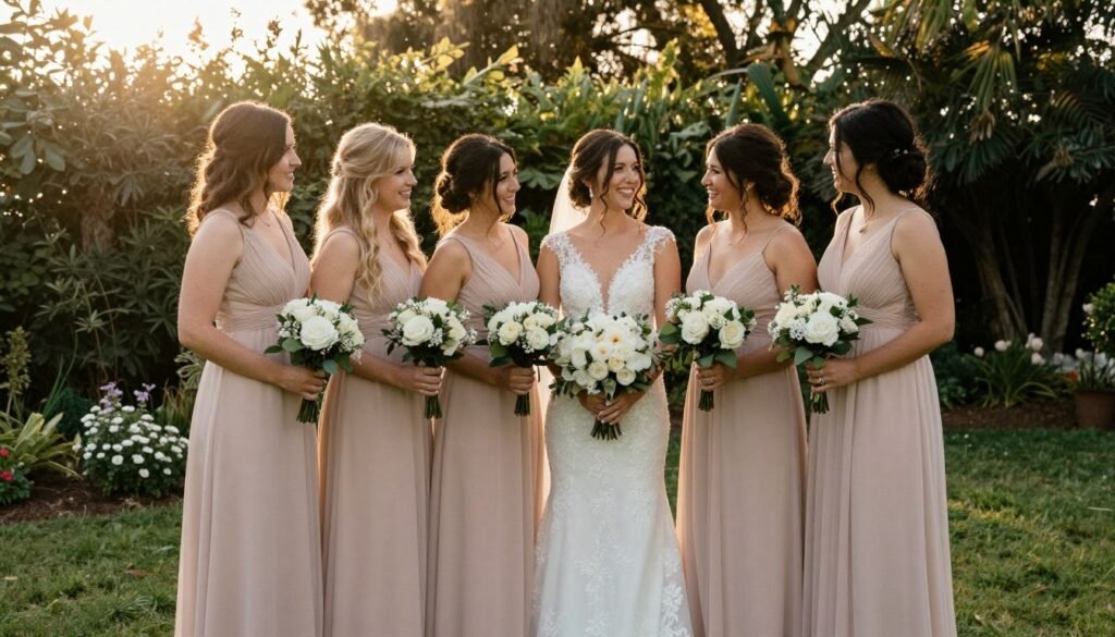 garden wedding golden hour lighting bridesmaid dresses beautiful