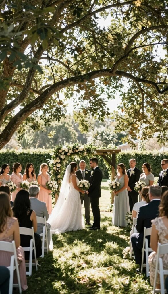 garden wedding lighting afternoon ceremony bridesmaids