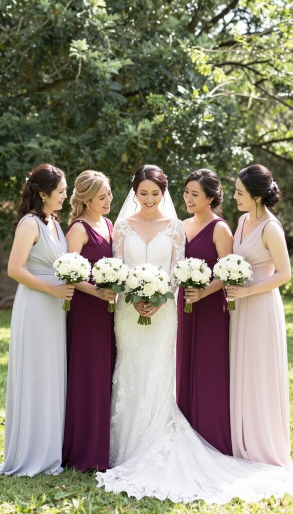 garden wedding photography bridesmaid coordinated natural light