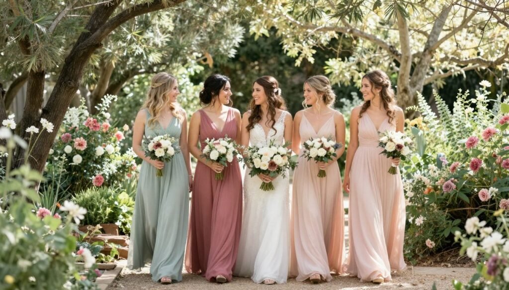 garden wedding with bridesmaids in sage green dusty rose and blush pink dresses outdoors