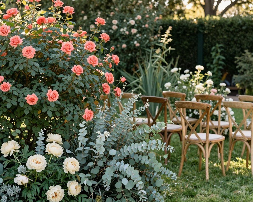 garden wedding with colors coordinated to surrounding flowers and greenery