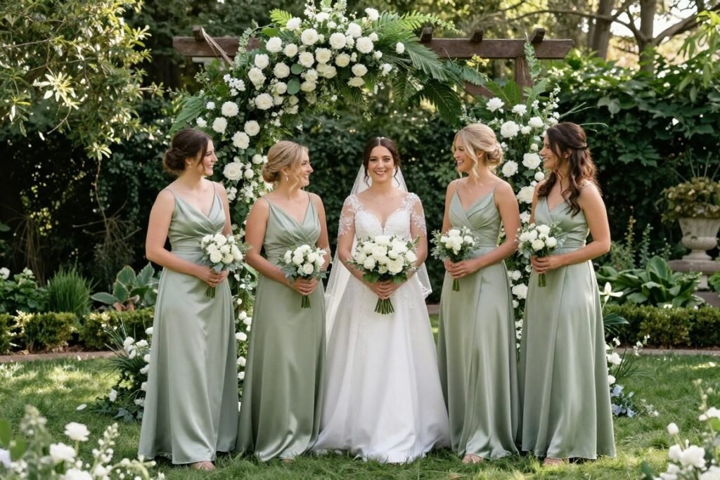 garden wedding with sage green satin bridesmaid dresses