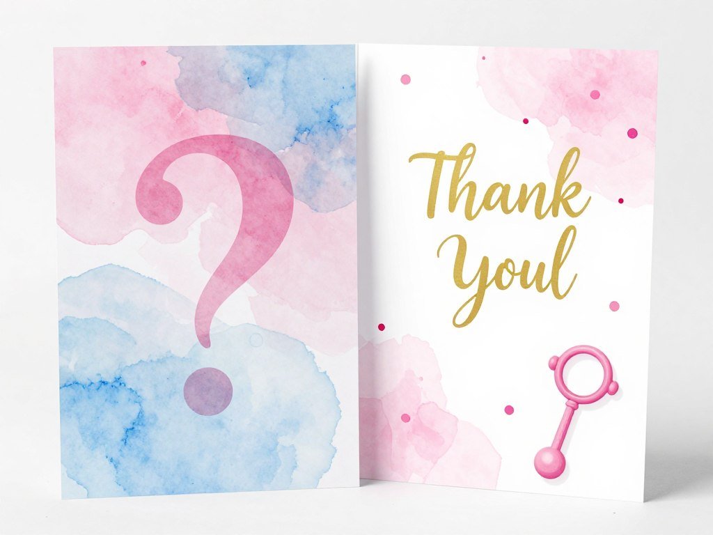 gender reveal thank you card with pink and blue watercolor design and hidden message