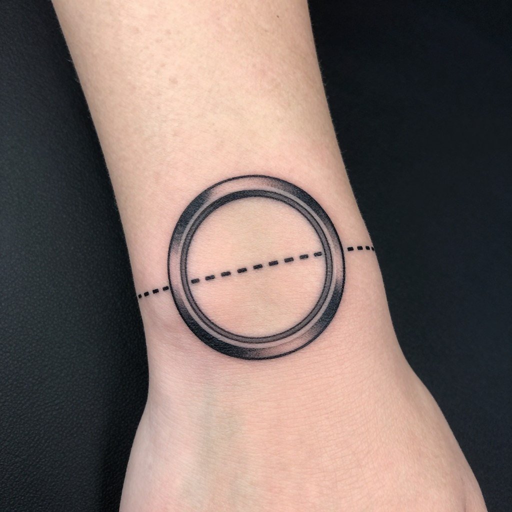 geometric dash pattern wedding ring tattoo showing modern line work