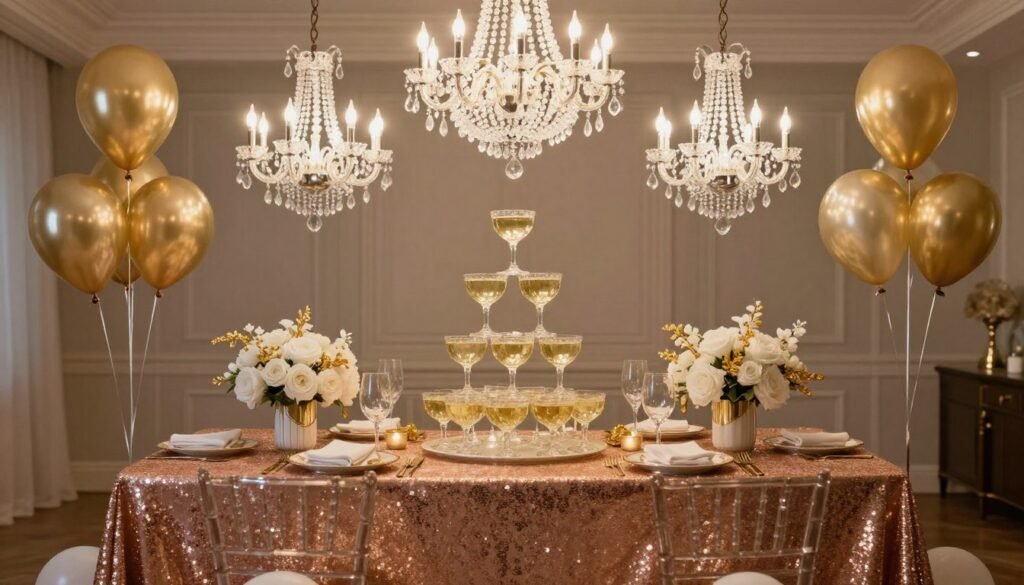 glamorous rose gold bachelorette party decorations with sequins and crystals