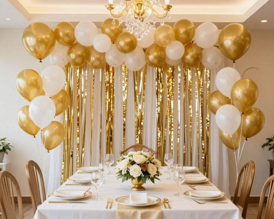 gold and white party decorations