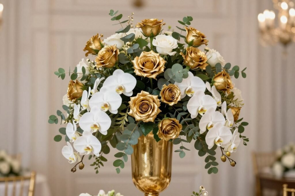 gold floral arrangement for black wedding theme