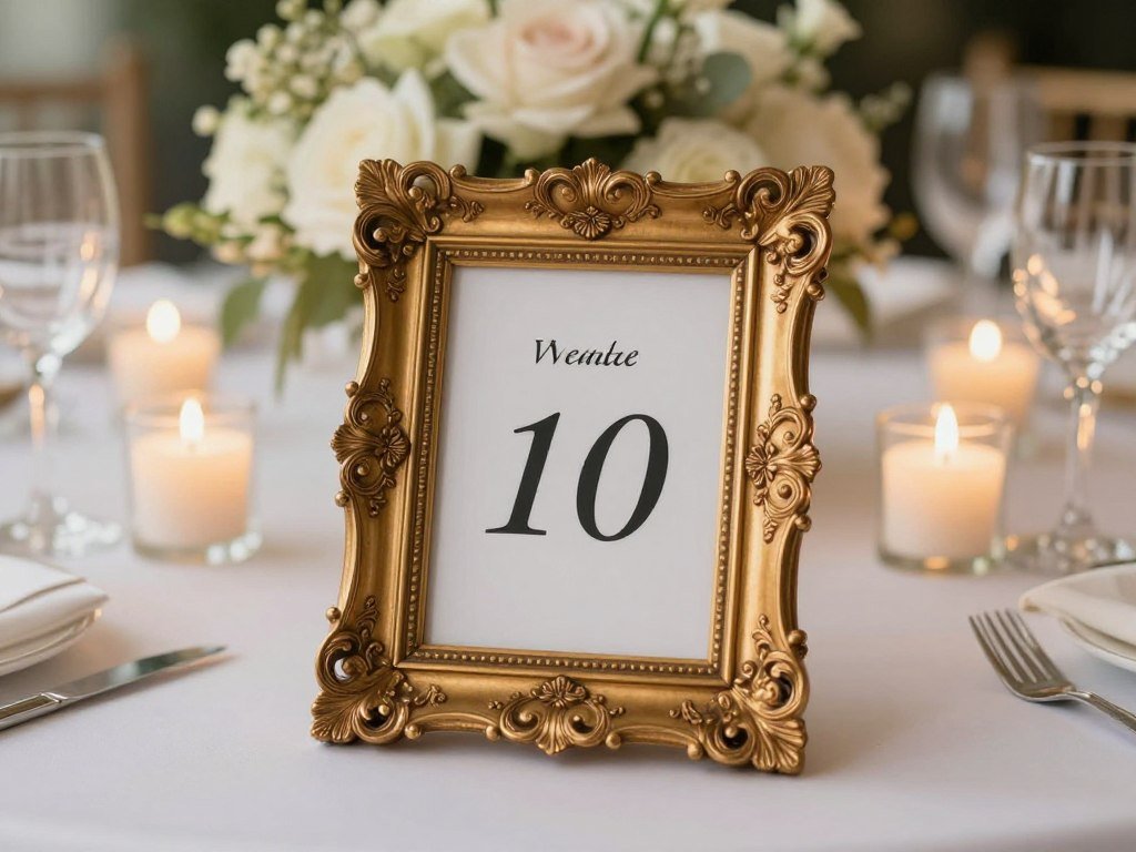 gold framed table number on wedding reception table
