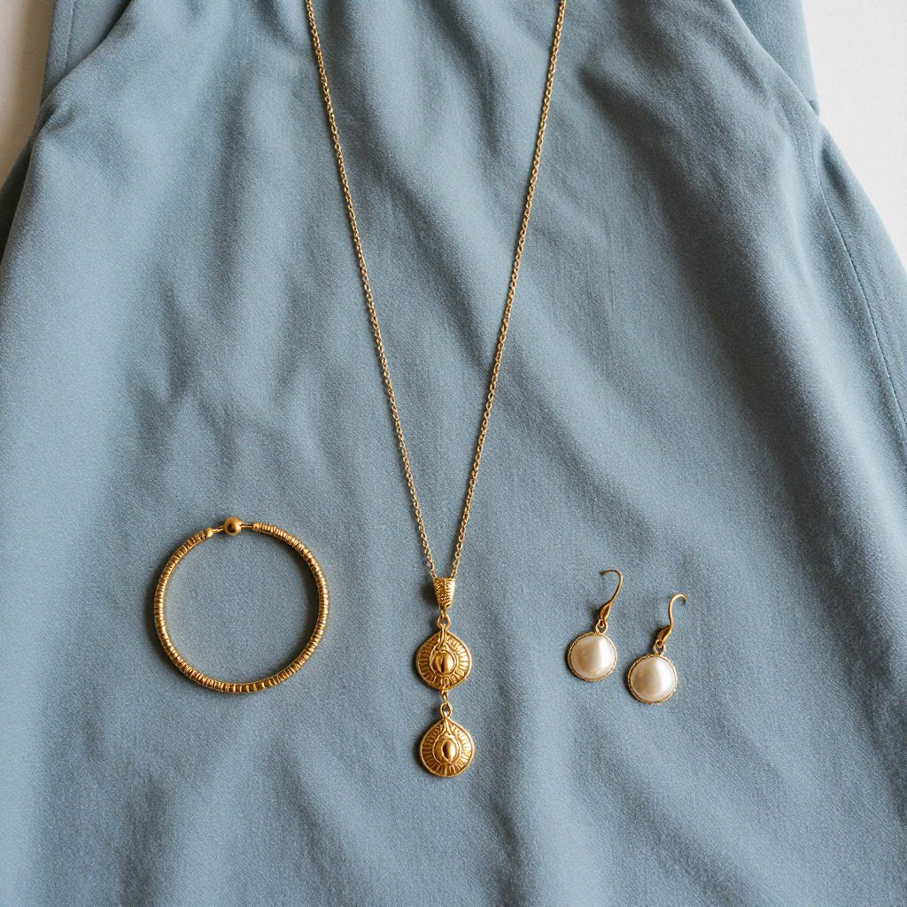 gold jewelry paired with dusty blue bridesmaid dress