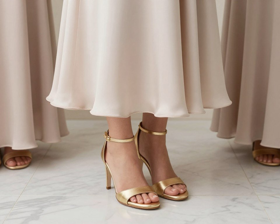 gold metallic bridesmaid shoes with neutral dress hem