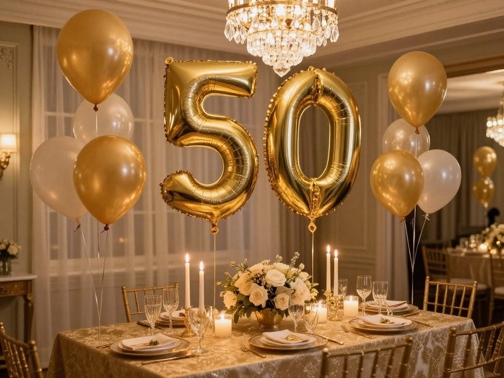 gold themed 50th anniversary party decorations