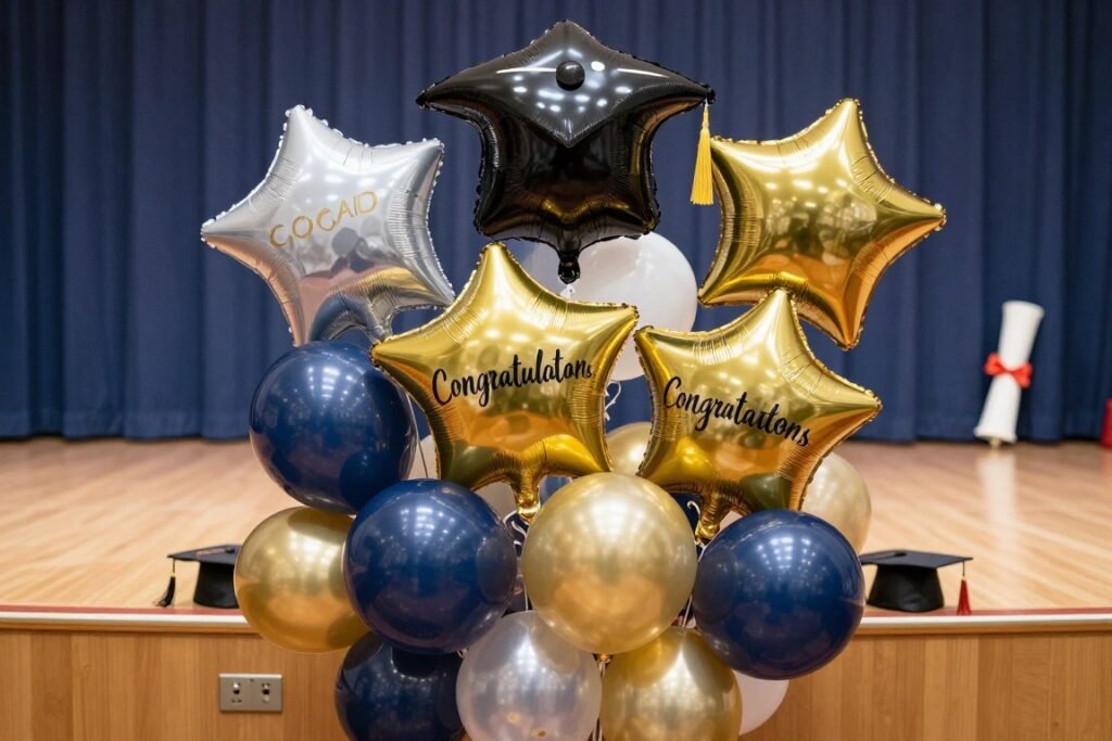 graduation balloon bouquet ideas with school colors and congratulations themes