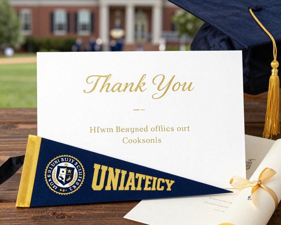 graduation thank you card in school colors with university logo and classic design