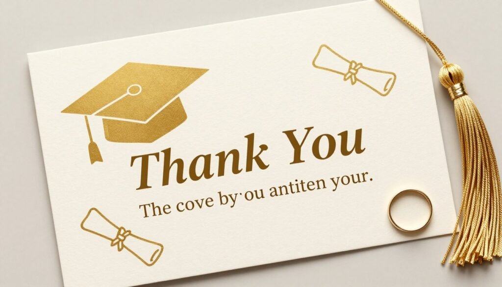 graduation thank you card with cap and diploma design on textured paper with gold accents