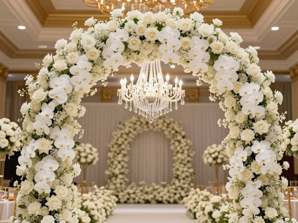 grand ballroom wedding arch with chandelier