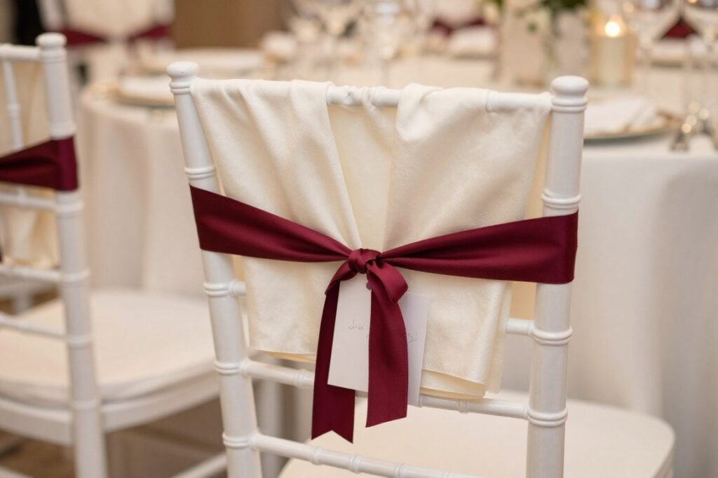 gray pashmina shawls draped over white reception chairs with ribbon gray pashmina shawls draped over white reception chairs with ribbon