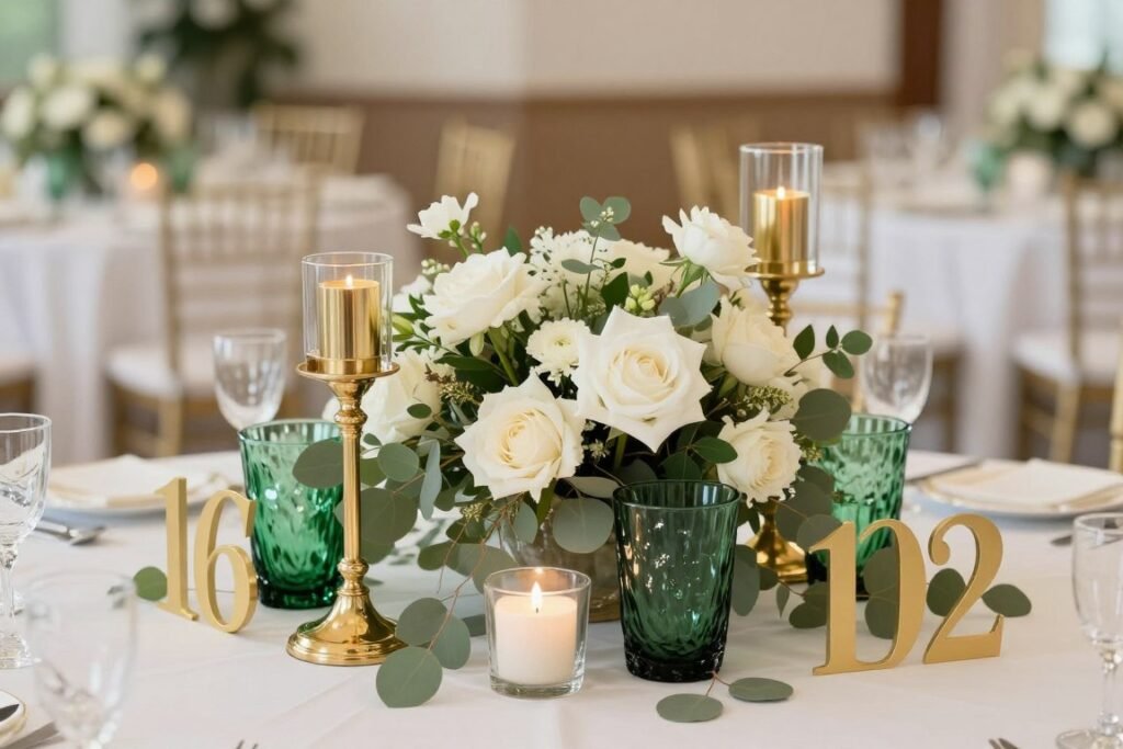 green and gold wedding centerpiece with candles