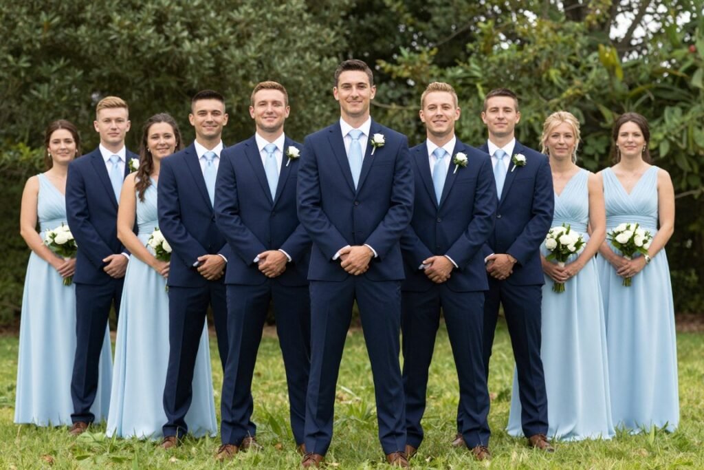 groom and groomsmen with coordinated blue ties and bridesmaid