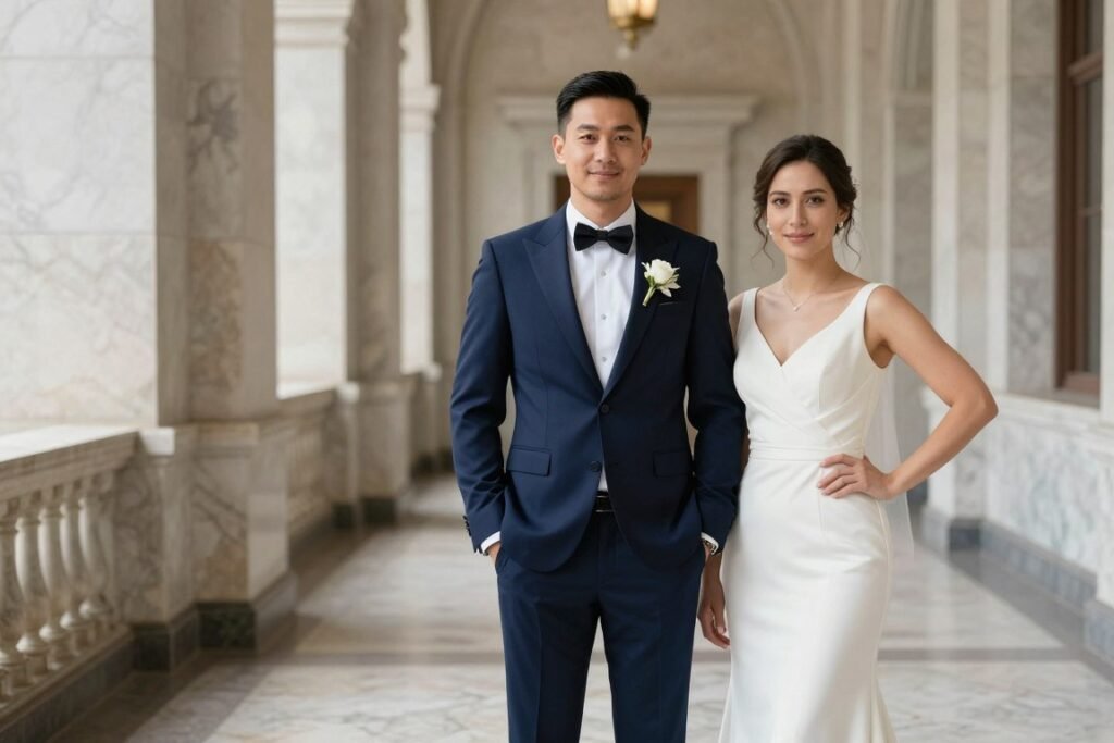 groom courthouse wedding suit style with bride