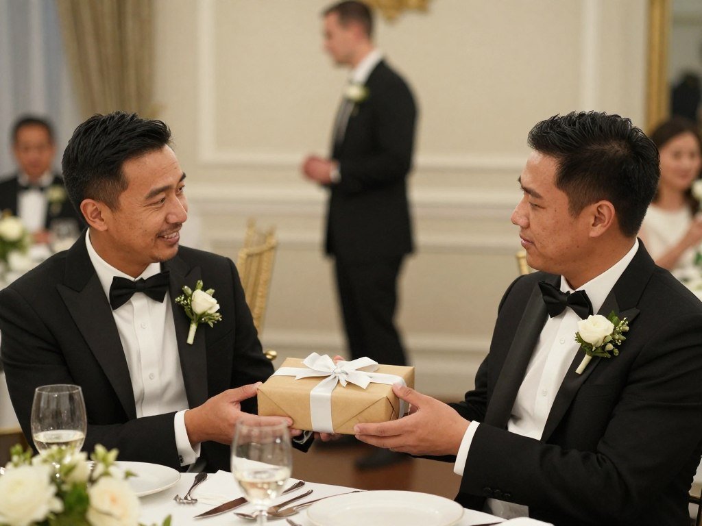 groom giving additional thank you gift to groomsmen