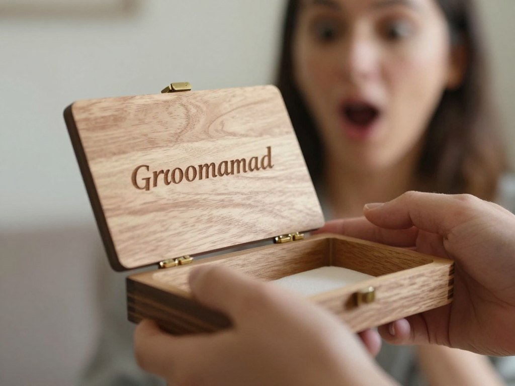 groomsman opening engraved wooden proposal box