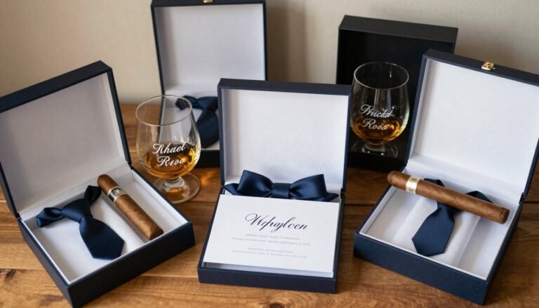 groomsman proposal gift boxes arranged with ties and personalized items