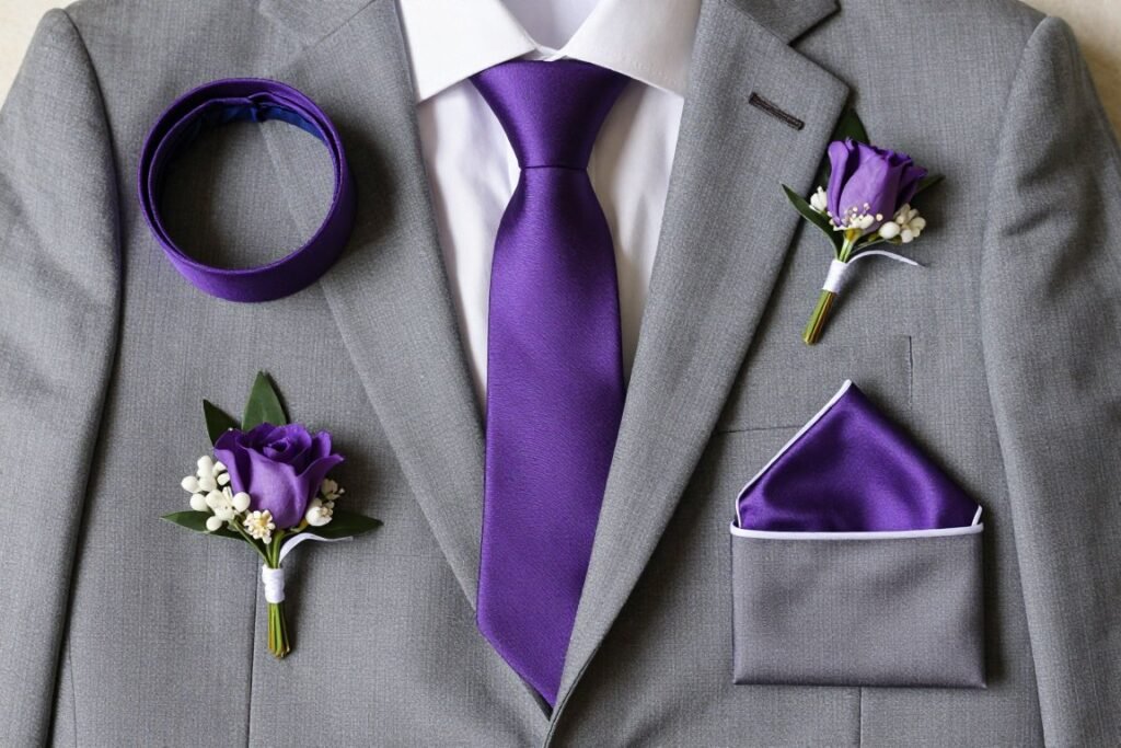 groomsmen accessories in purple including tie and pocket square