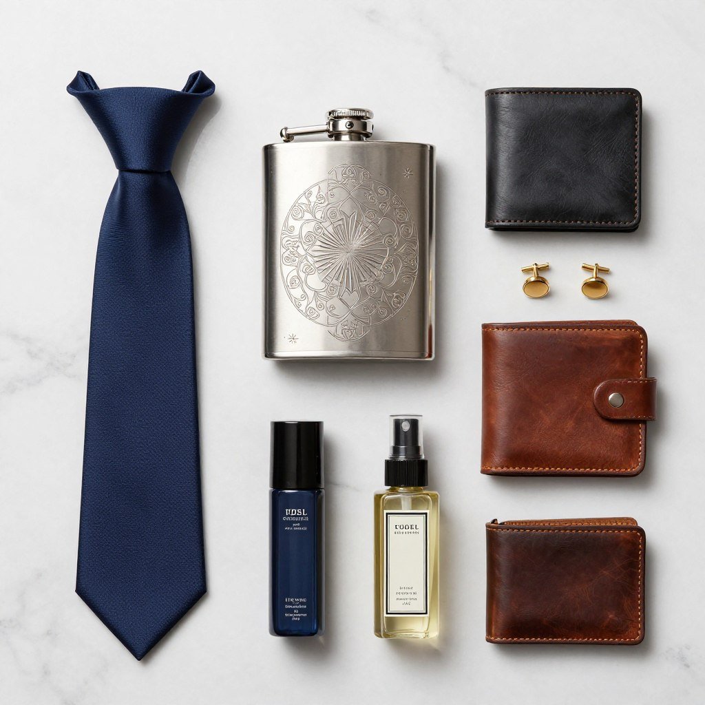 groomsmen accessories including tie clip cufflinks and flask