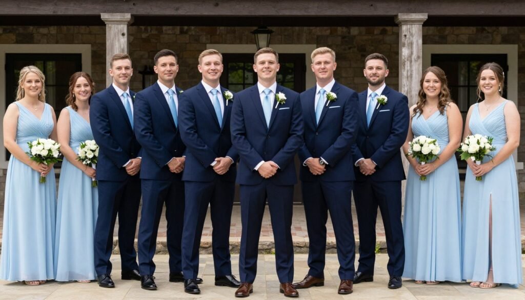 groomsmen and bridesmaids coordinated in light blue wedding party