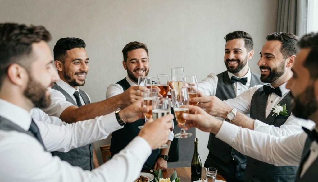 groomsmen celebrating together after proposal acceptance