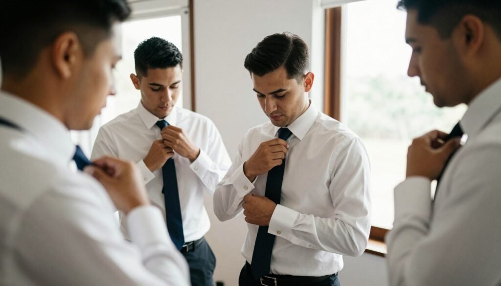 groomsmen getting ready with wedding accessories