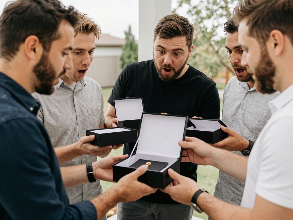 groomsmen opening personalized proposal boxes together