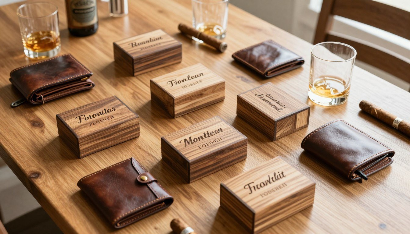 groomsmen proposal gift boxes arranged on wooden table