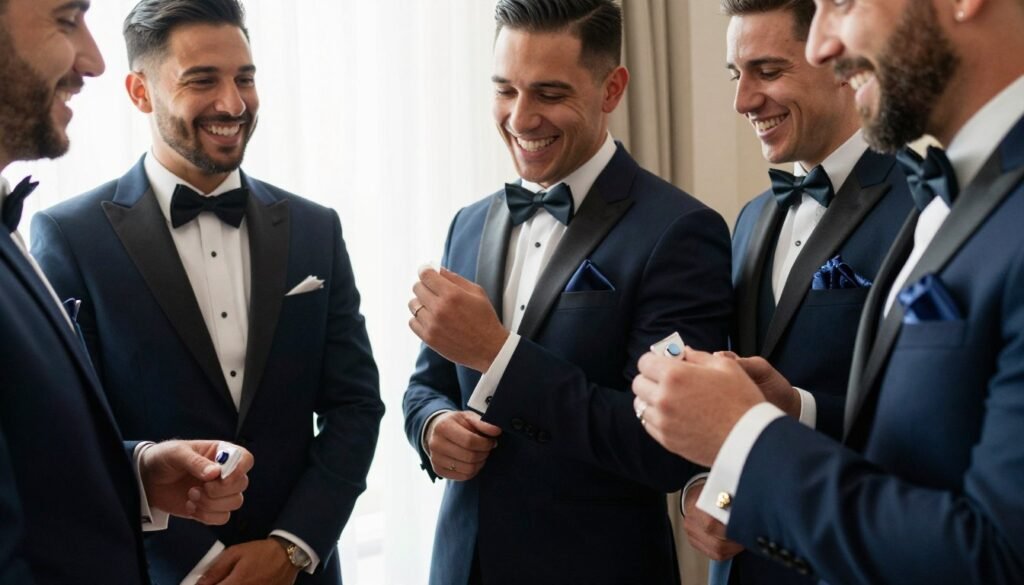 groomsmen wearing accessories from their proposals on wedding day
