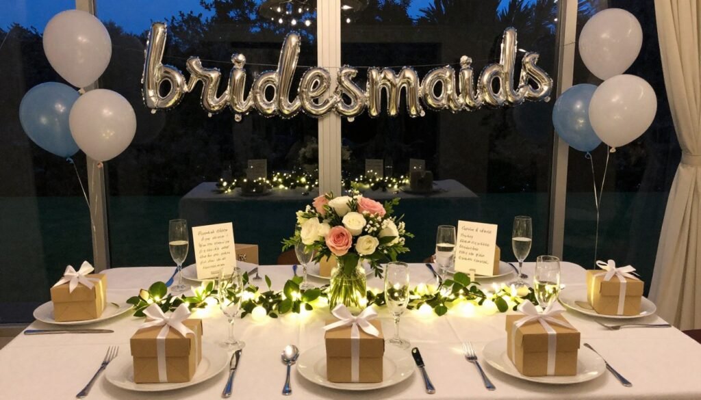 group bridesmaid proposal party setup