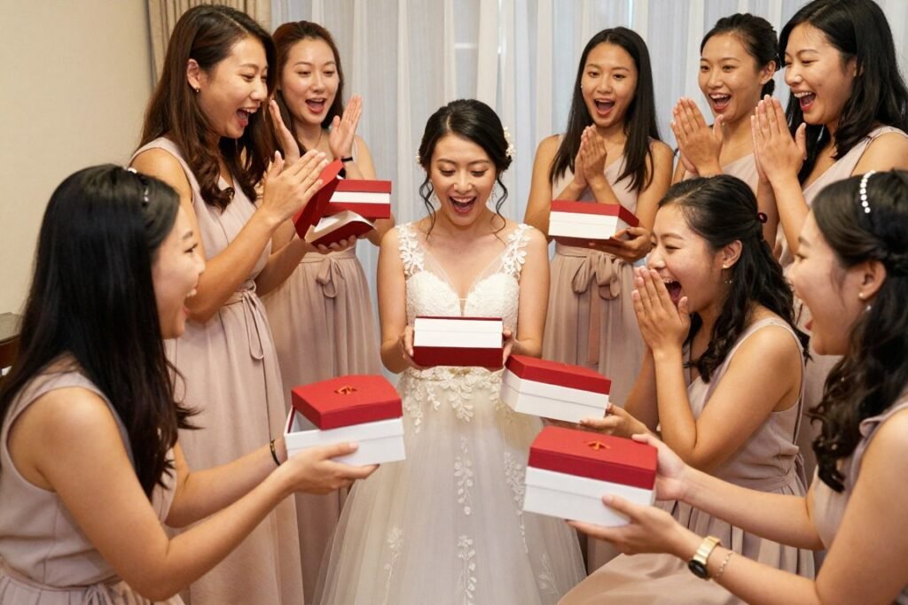 group bridesmaid proposal with all boxes presented simultaneously