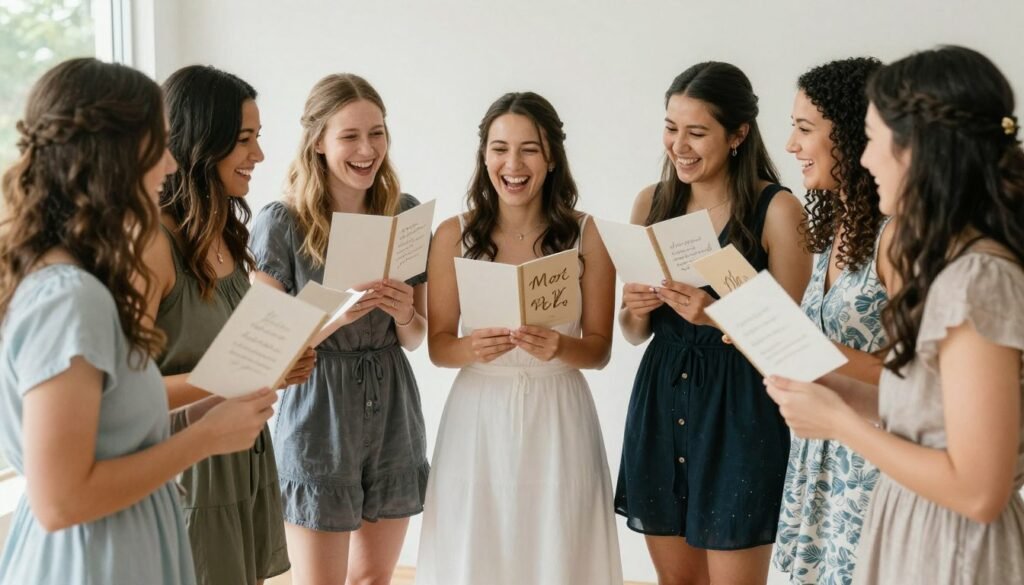 group of bridesmaids holding their proposal cards together celebrating