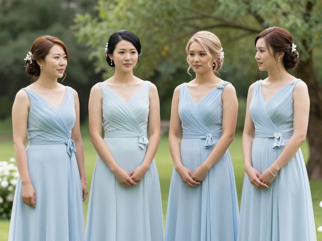 group of bridesmaids in A-line light blue dresses at ceremony