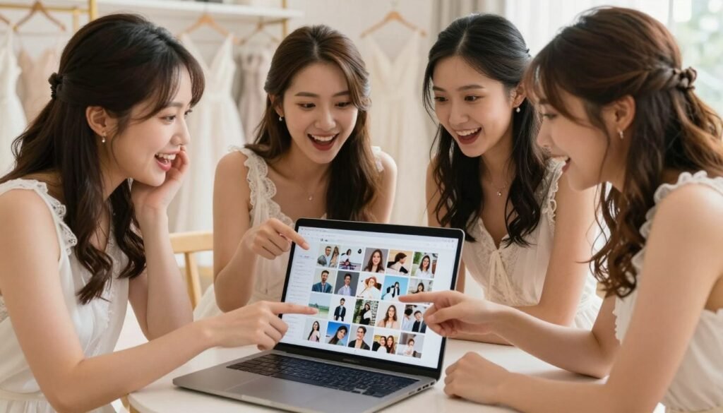 group of bridesmaids looking at shared pinterest board together on laptop for dress planning