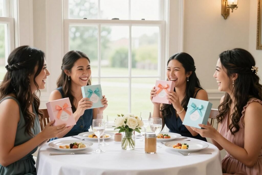 group of bridesmaids receiving proposals together at party