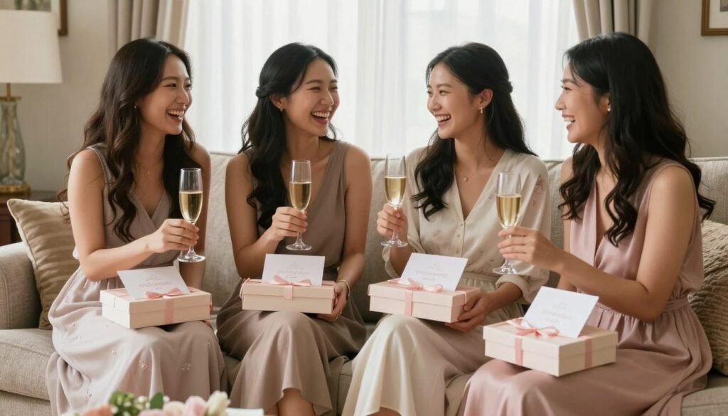 group of friends celebrating bridesmaid proposal
