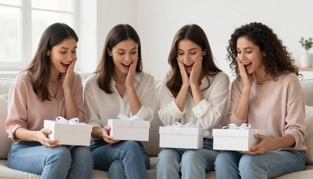 group of friends opening bridesmaid proposal boxes together group of friends opening bridesmaid proposal boxes together