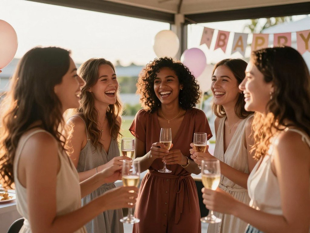 group of women celebrating at decorated bachelorette party venue