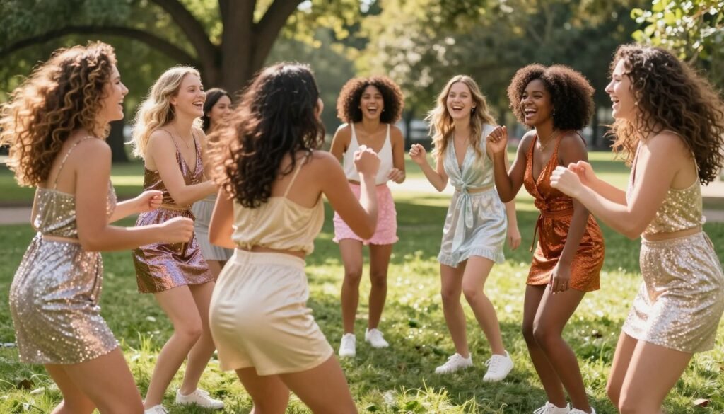 group of women playing interactive bachelorette party game outdoors group of women playing interactive bachelorette party game outdoors