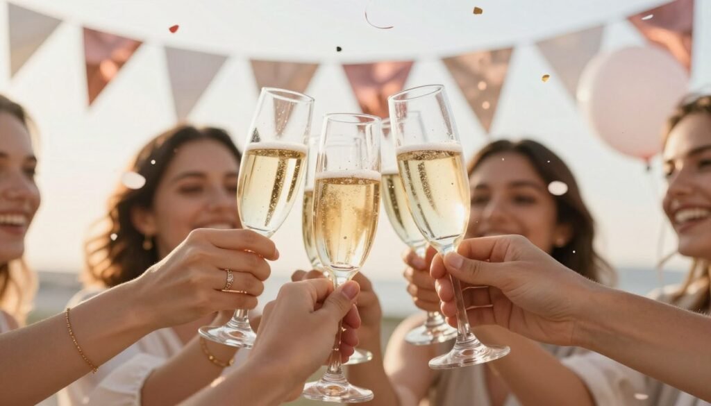 group of women raising champagne glasses in bachelorette party toast celebration group of women raising champagne glasses in bachelorette party toast celebration